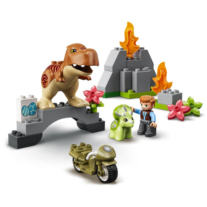 LEGO® DUPLO T. rex and Triceratops set with a dinosaur, man, and accessories for imaginative play.