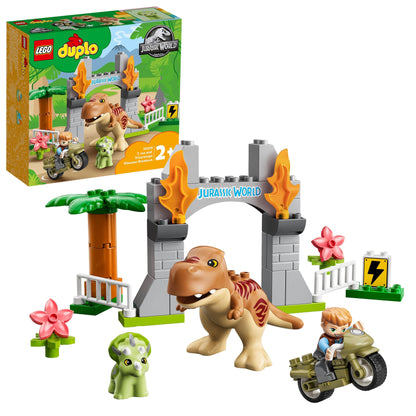 LEGO DUPLO Jurassic World T. rex and Triceratops Dinosaur Toy 10939 with colorful playset and characters.