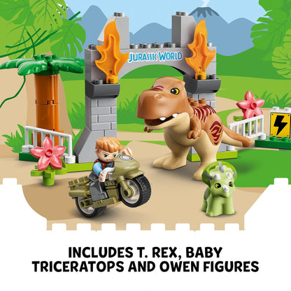 LEGO DUPLO Jurassic World set featuring T. Rex, baby Triceratops, and Owen figures in a vibrant dinosaur scene.