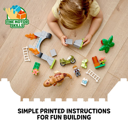 Child playing with LEGO® DUPLO dinosaur toys and instructions promoting fine motor skills and creative play.