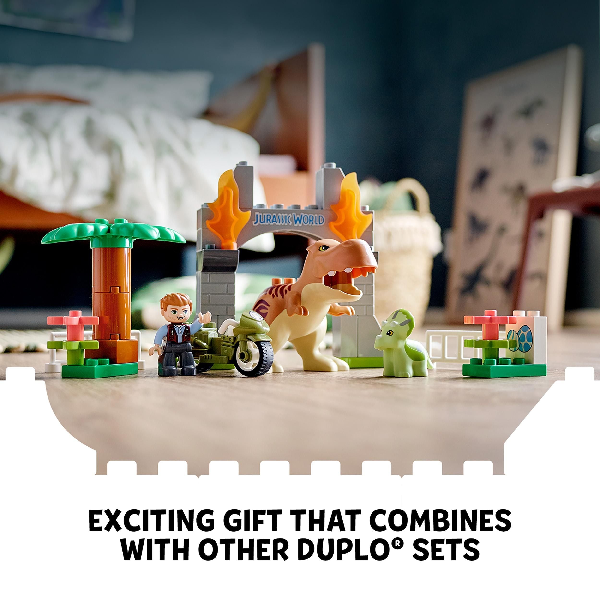 LEGO® DUPLO T. rex and Triceratops Dinosaur Toy set featuring vibrant play elements for imaginative play in Jurassic World.