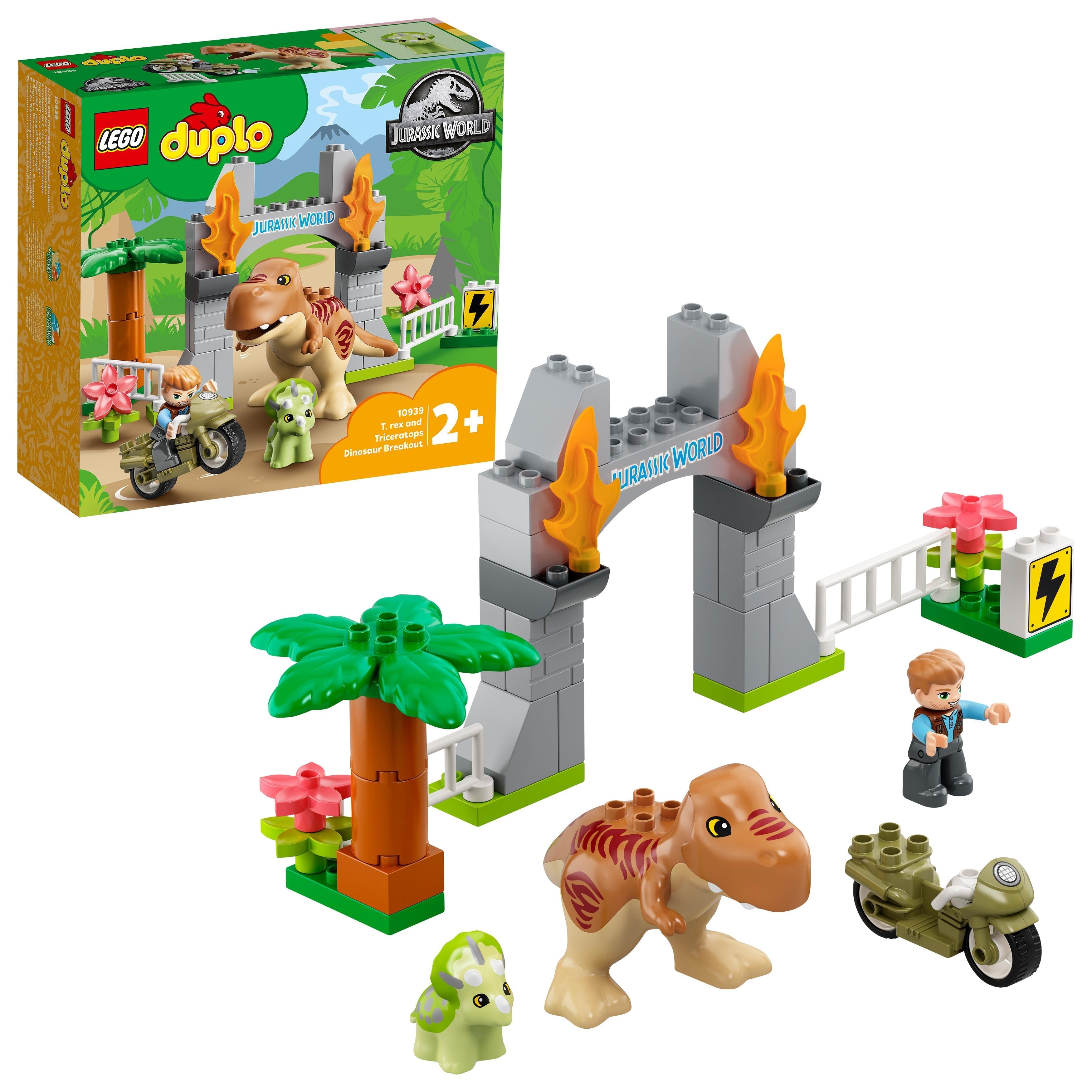 LEGO® DUPLO T. rex and Triceratops Dinosaur Toy set 10939, featuring a T. rex, Triceratops, and motorcycle in Jurassic World.