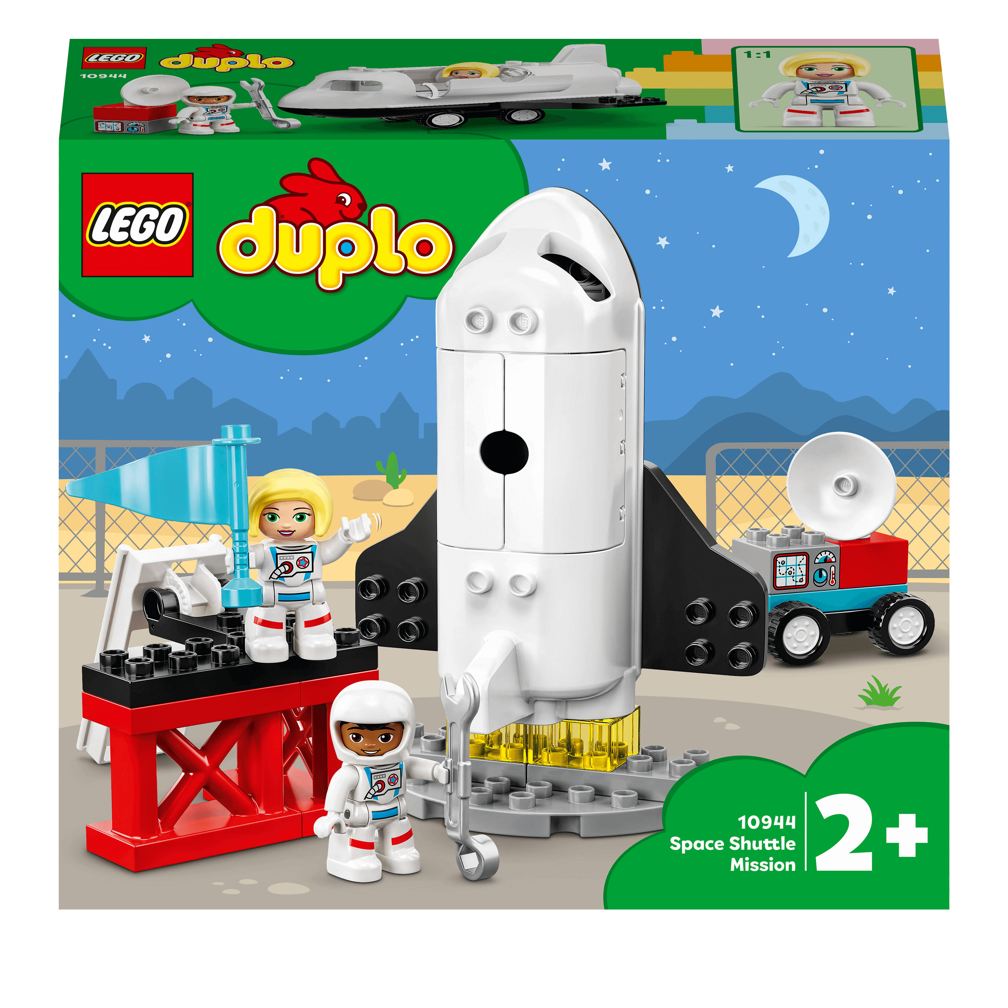 LEGO DUPLO Space Shuttle Mission Set 10944 featuring a shuttle, astronauts, and a launch pad for toddlers' imaginative play.
