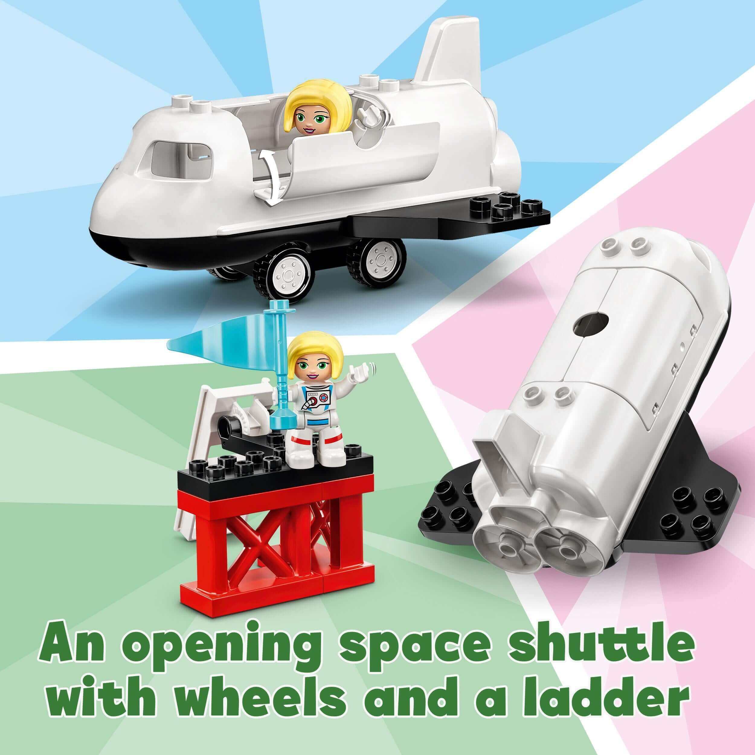 LEGO® DUPLO Town Space Shuttle Mission set showing a shuttle, astronaut figure, and ladder for imaginative play.