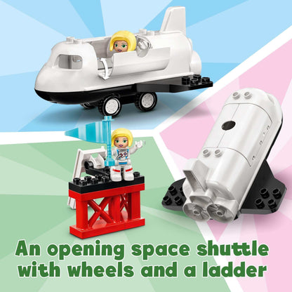 LEGO® DUPLO Town Space Shuttle Mission set showing a shuttle, astronaut figure, and ladder for imaginative play.