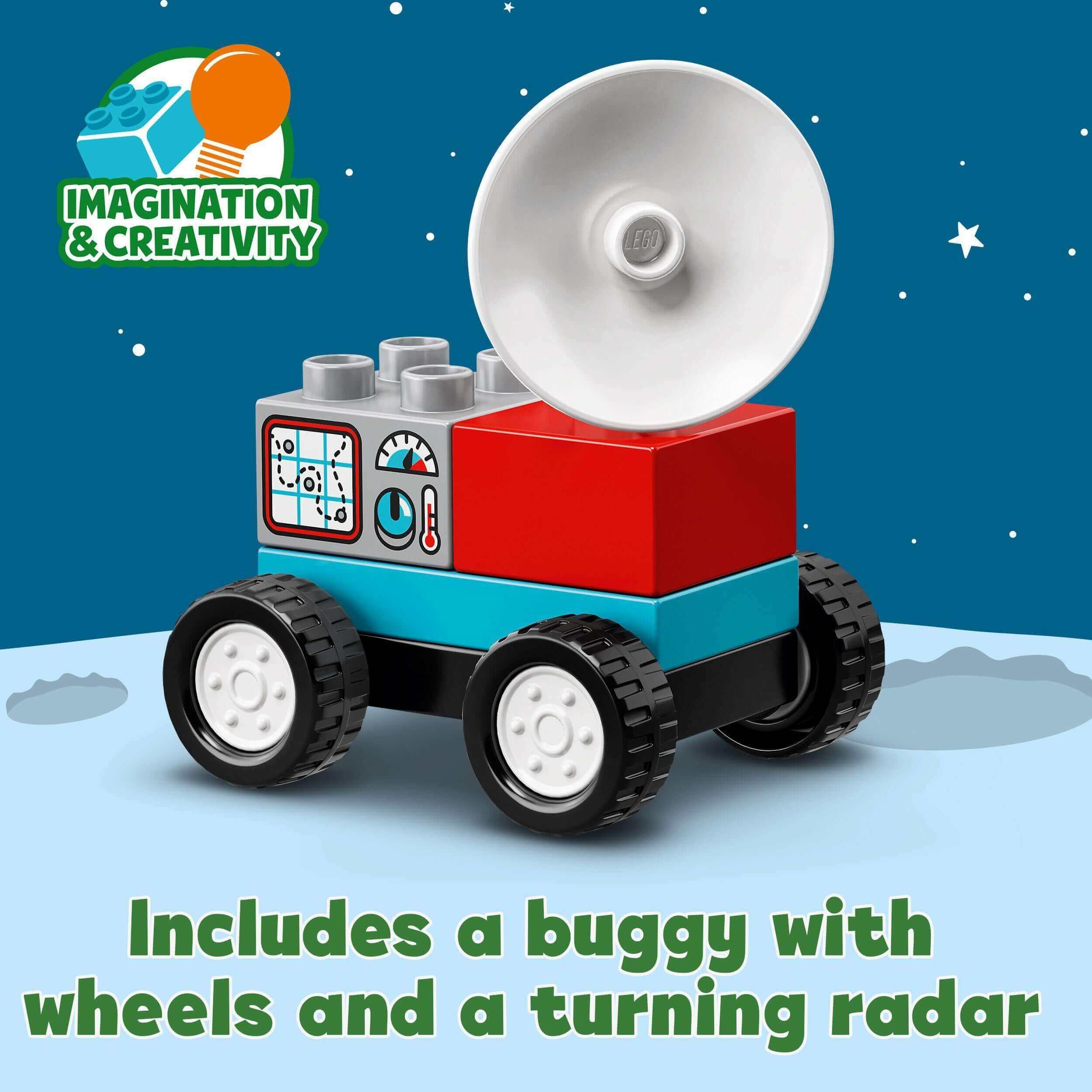 Colorful LEGO® DUPLO buggy with wheels and radar, perfect for imaginative play and skill development for toddlers.