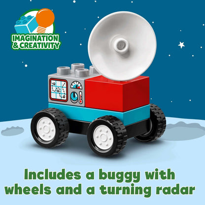 Colorful LEGO® DUPLO buggy with wheels and radar, perfect for imaginative play and skill development for toddlers.