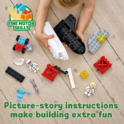 LEGO DUPLO Space Shuttle Mission set pieces and toddler playing, enhancing fine motor skills and creativity.