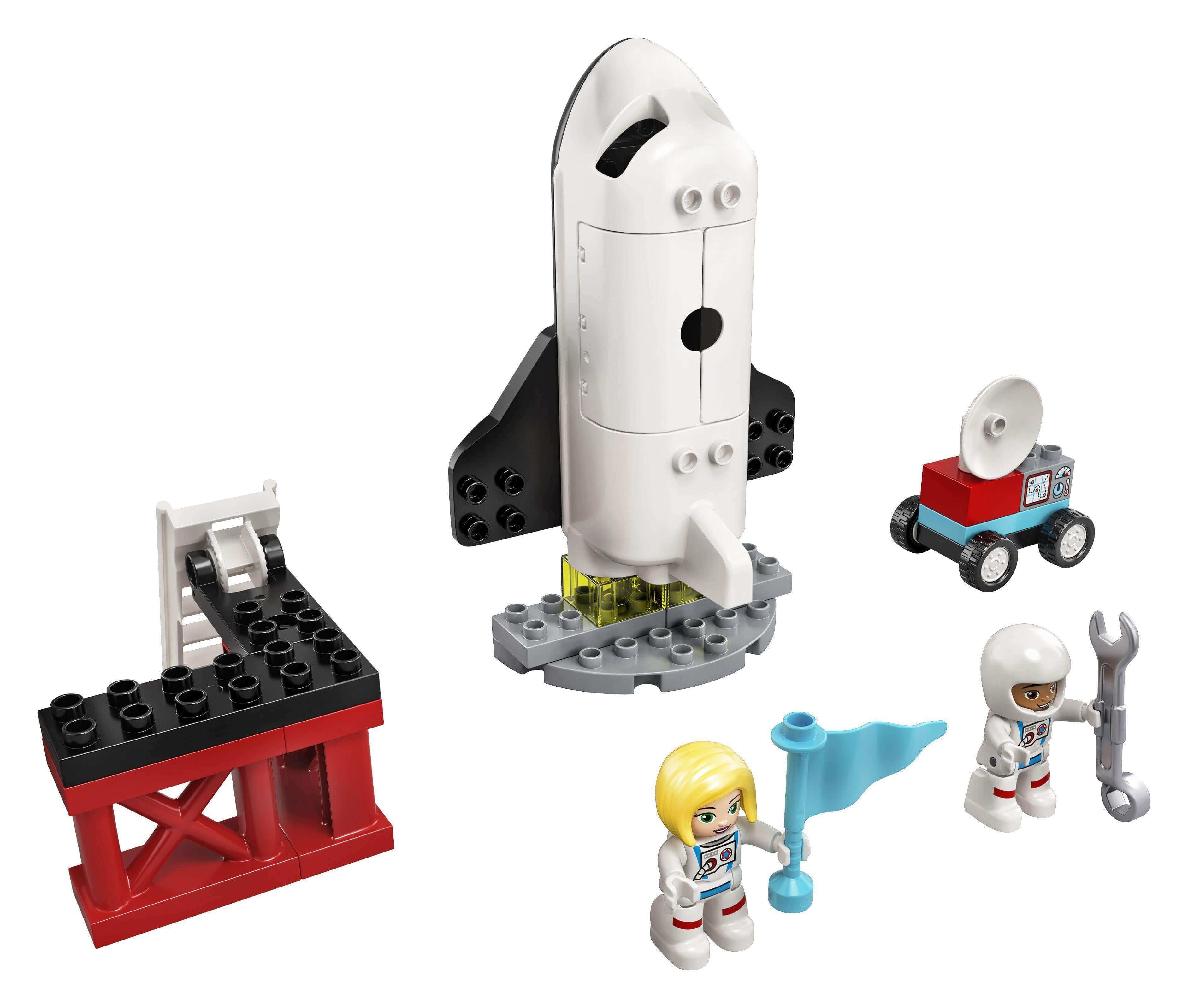 LEGO DUPLO Town Space Shuttle Mission Set 10944 featuring a shuttle, two astronauts, and a launch pad for imaginative play.