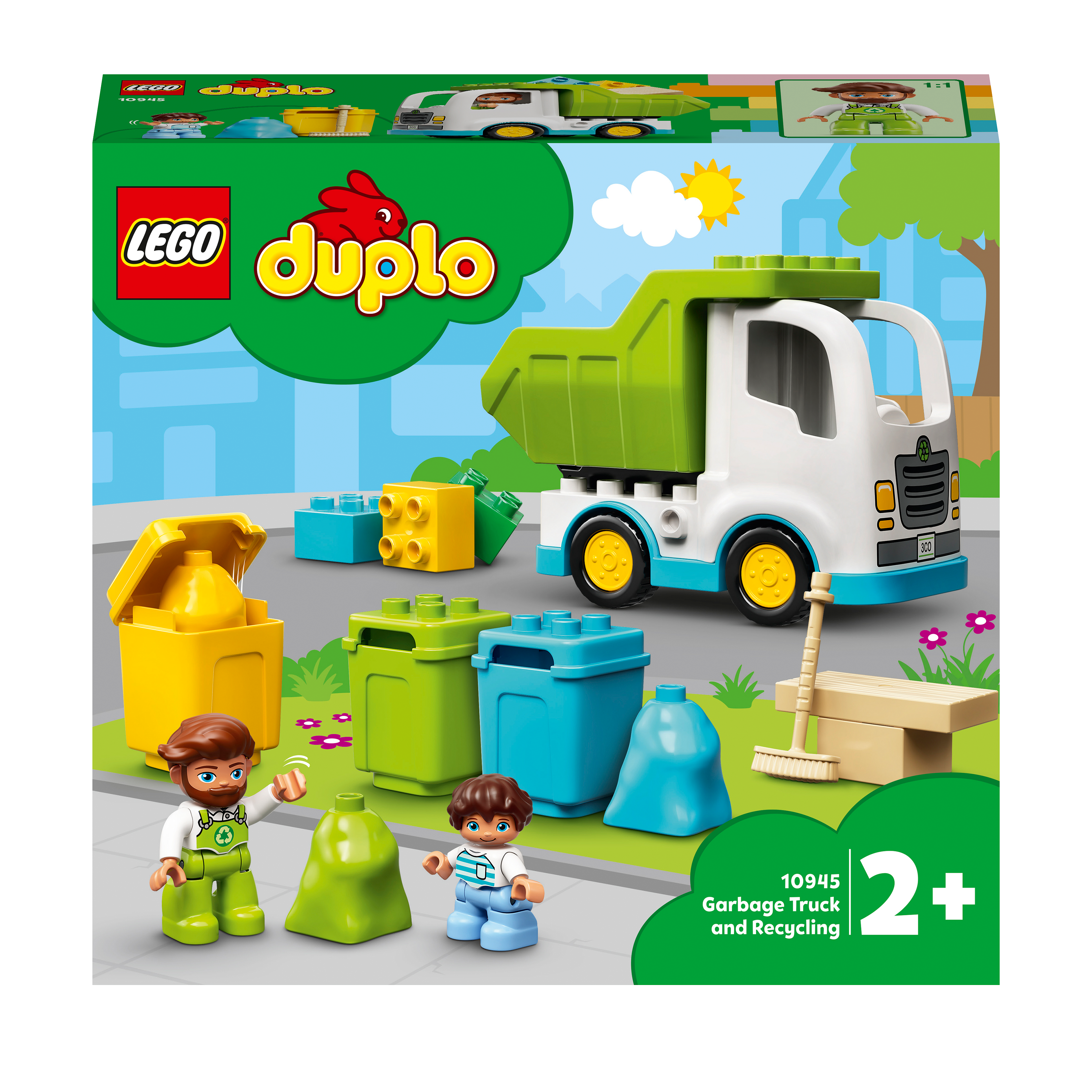 LEGO® DUPLO Town Garbage Truck & Recycling Toy 10945 with characters, bins, and truck for playful learning about recycling.
