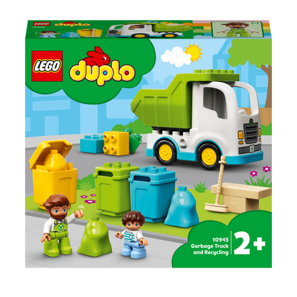 LEGO® DUPLO Town Garbage Truck & Recycling Toy 10945 with characters, bins, and truck for playful learning about recycling.