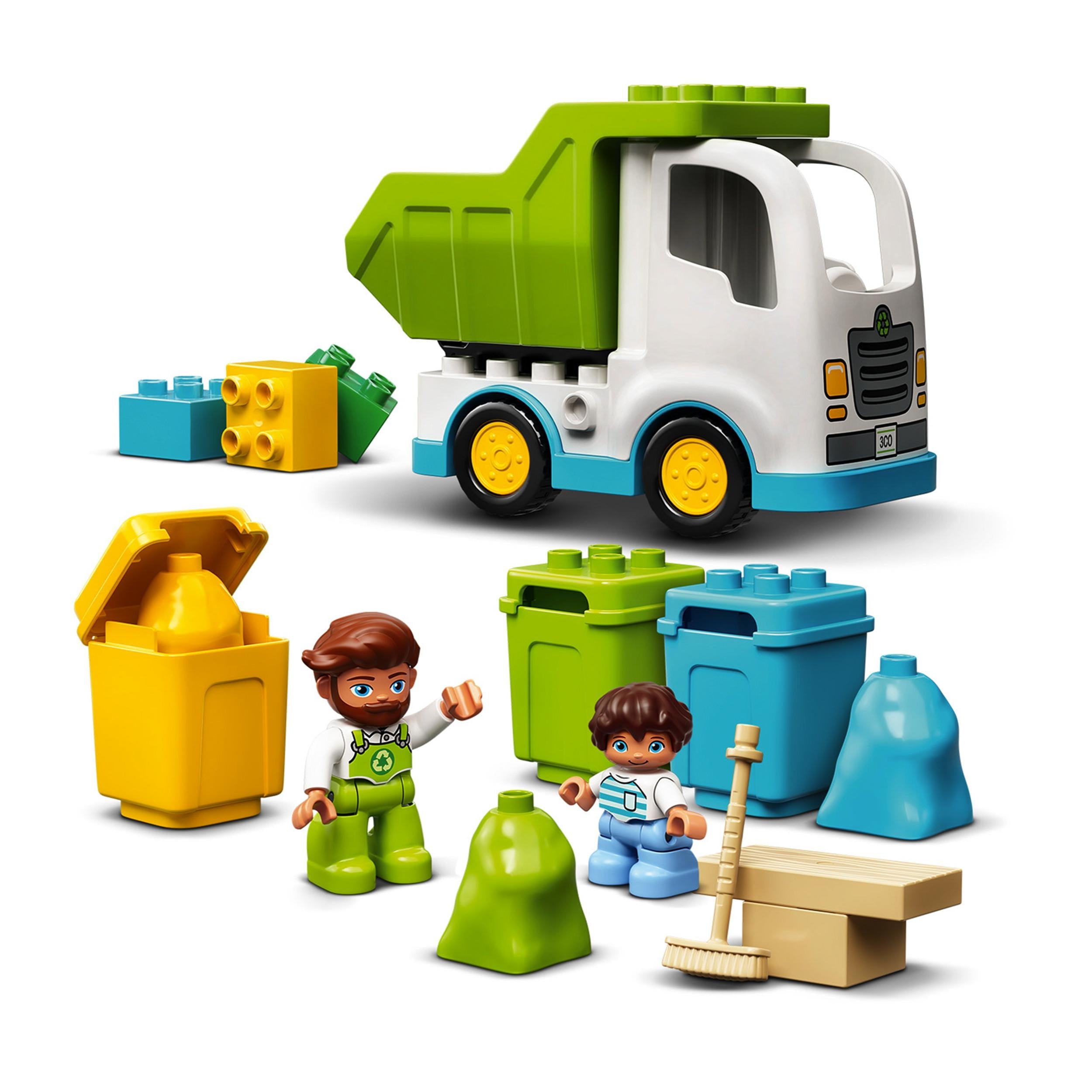LEGO DUPLO Town Garbage Truck playset with recycling bins, kids learning about waste disposal, and colorful building blocks.
