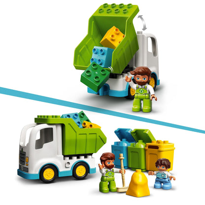 LEGO DUPLO Town Garbage Truck playset with movable dump truck and recycling bins for playful learning about recycling.