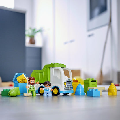 LEGO® DUPLO Town Garbage Truck with two figures, colorful recycling bins, and building blocks, promoting learning about recycling.