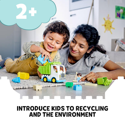 Child playing with LEGO® DUPLO Town Garbage Truck, learning about recycling and the environment with adult supervision.