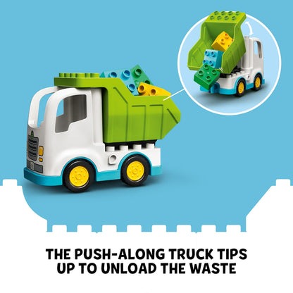LEGO DUPLO Town Garbage Truck with tipping feature for playful recycling learning, colorful blocks included.