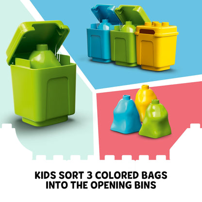 Kids play with LEGO® DUPLO sorting colorful bags into recycling bins for fun and learning.