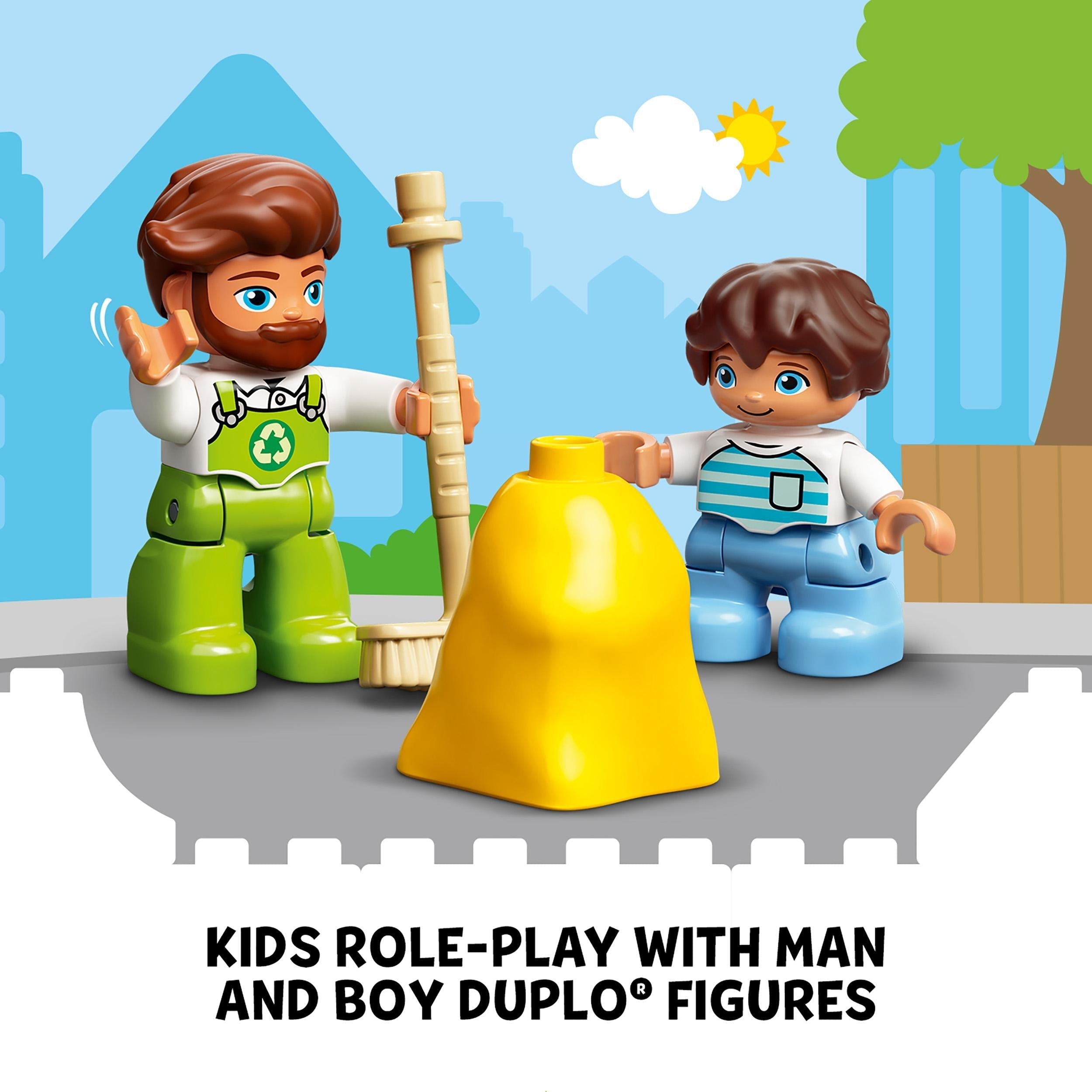 Kids role-play with LEGO® DUPLO® man and boy figures, engaging in recycling activities with bright yellow trash bag.