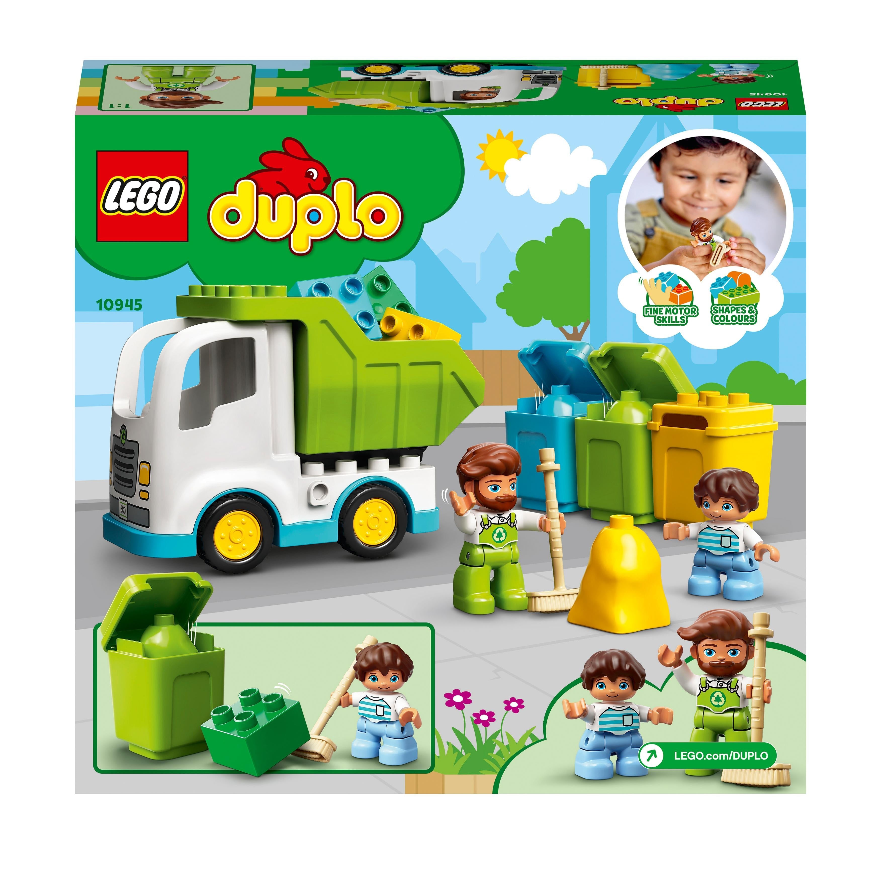 LEGO DUPLO Town Garbage Truck & Recycling Toy 10945 with colorful bins and kids learning about recycling.