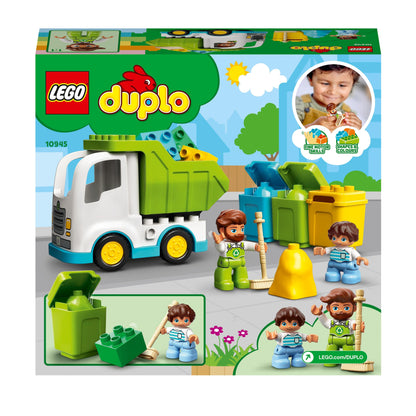 LEGO DUPLO Town Garbage Truck & Recycling Toy 10945 with colorful bins and kids learning about recycling.