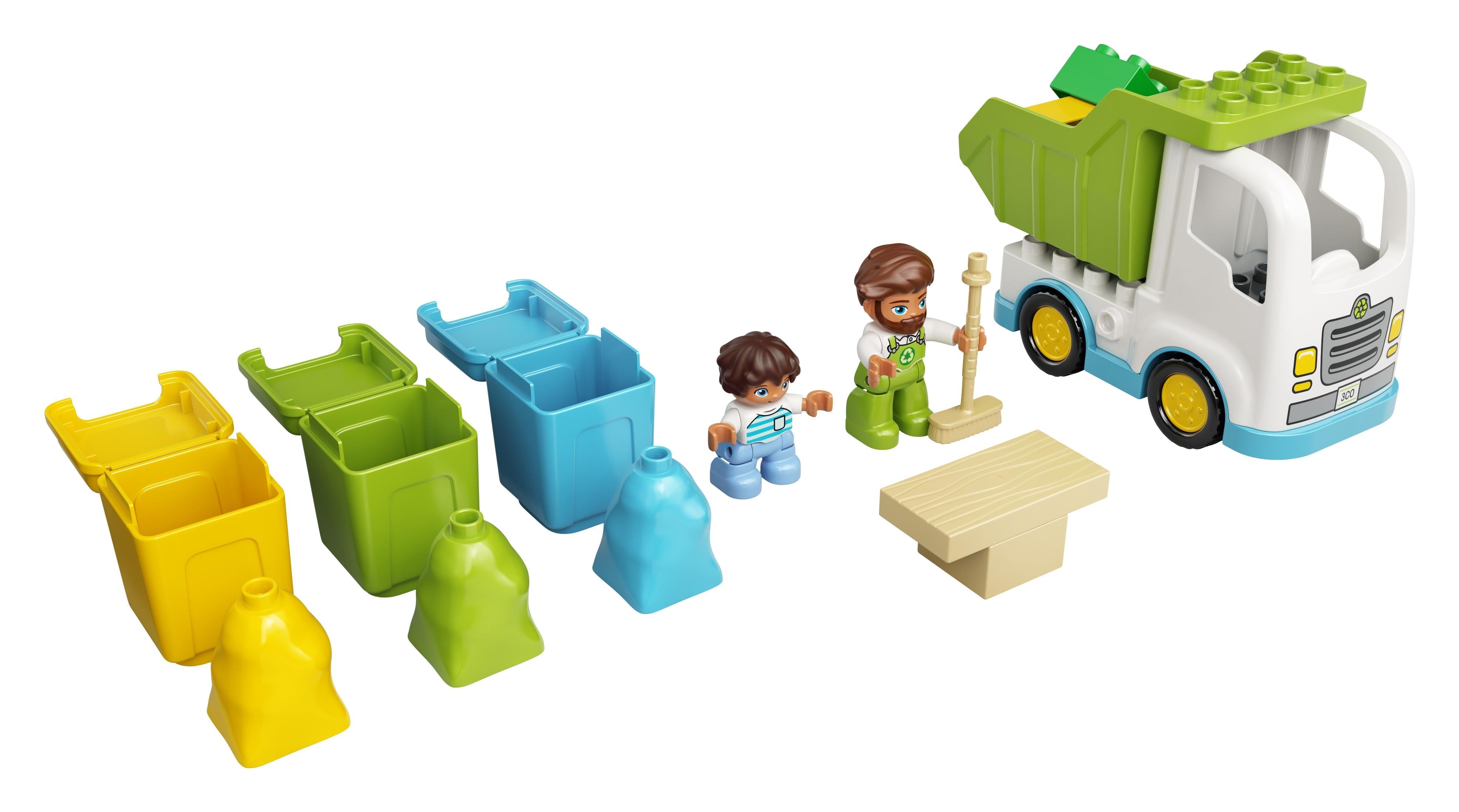 LEGO DUPLO Town Garbage Truck set with colorful bins, characters, and accessories for recycling play.