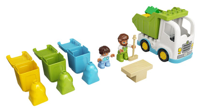 LEGO DUPLO Town Garbage Truck set with colorful bins, characters, and accessories for recycling play.