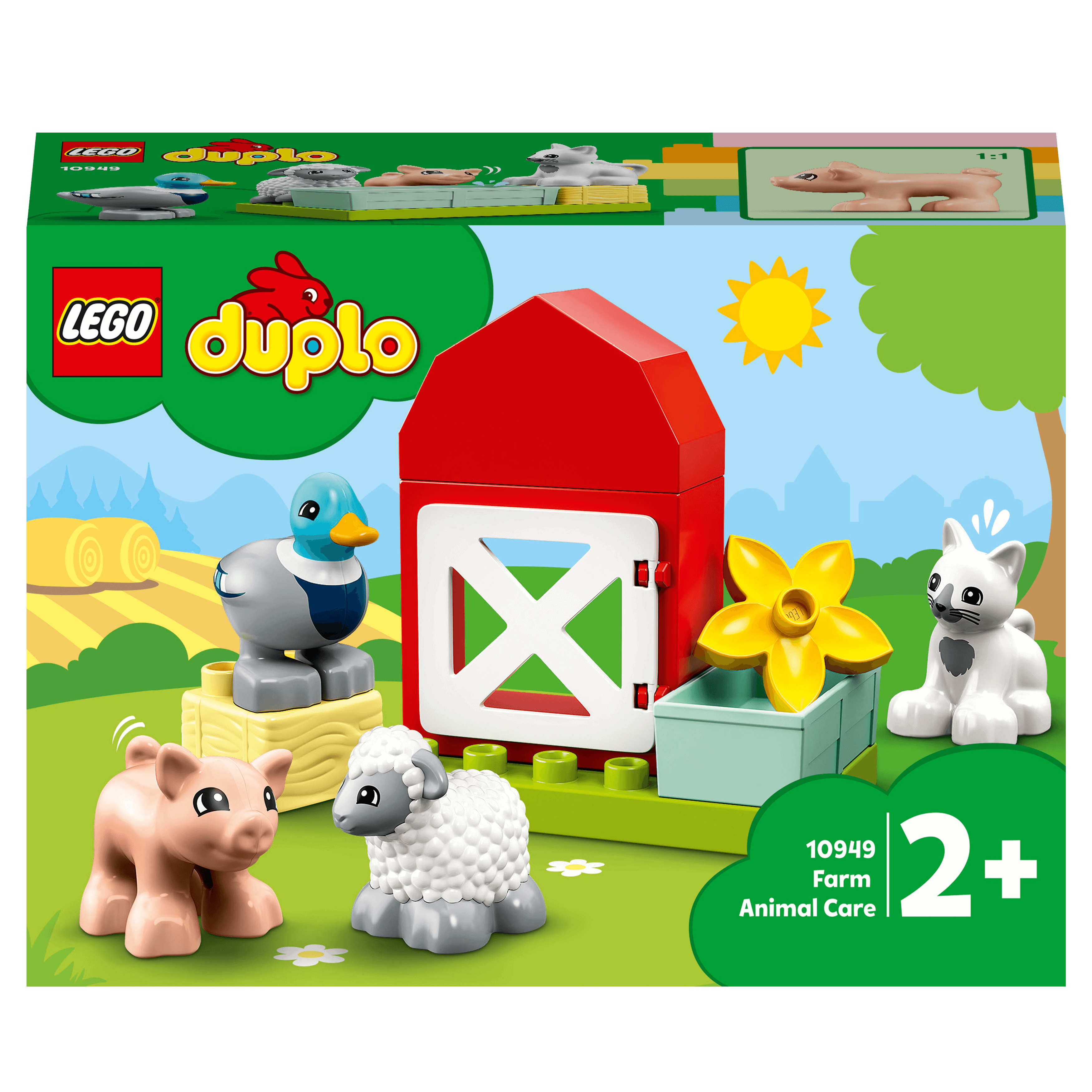 LEGO® DUPLO Town Farm Animal Care Toy Set 10949 featuring pig, sheep, duck, cat and barn for toddlers.