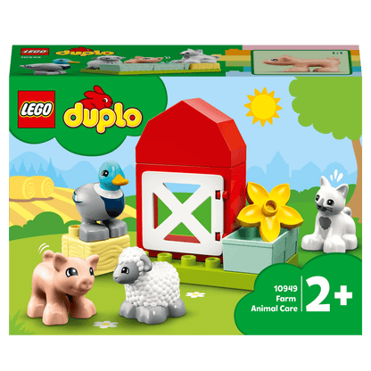 LEGO® DUPLO Town Farm Animal Care Toy Set 10949 featuring pig, sheep, duck, cat and barn for toddlers.