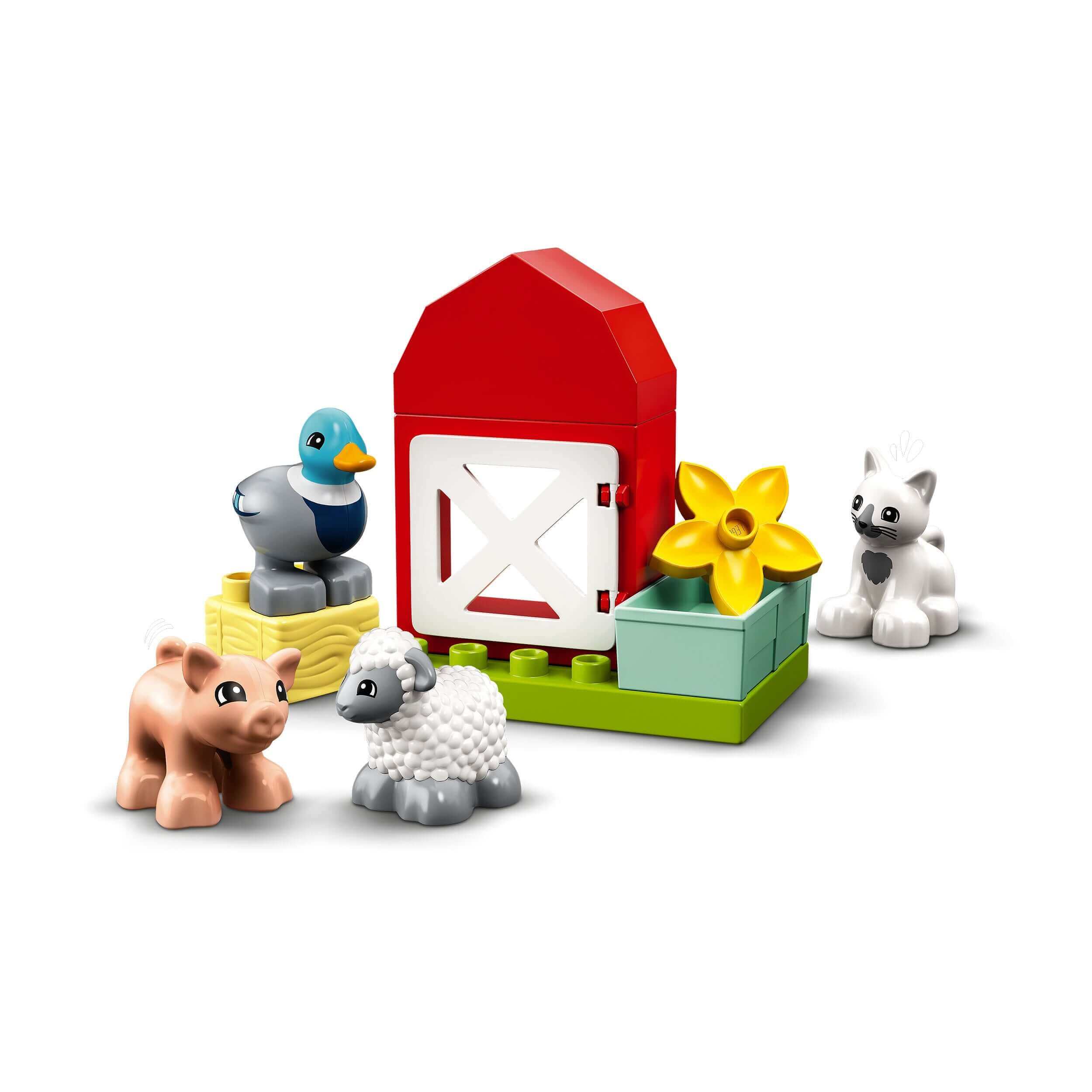 LEGO® DUPLO Town Farm Animal Care set featuring pig, duck, sheep, cat, and barn for imaginative toddler play.