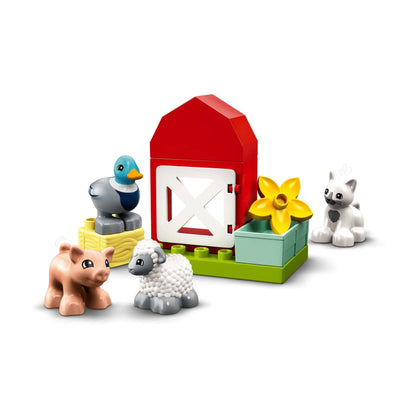LEGO® DUPLO Town Farm Animal Care set featuring pig, duck, sheep, cat, and barn for imaginative toddler play.