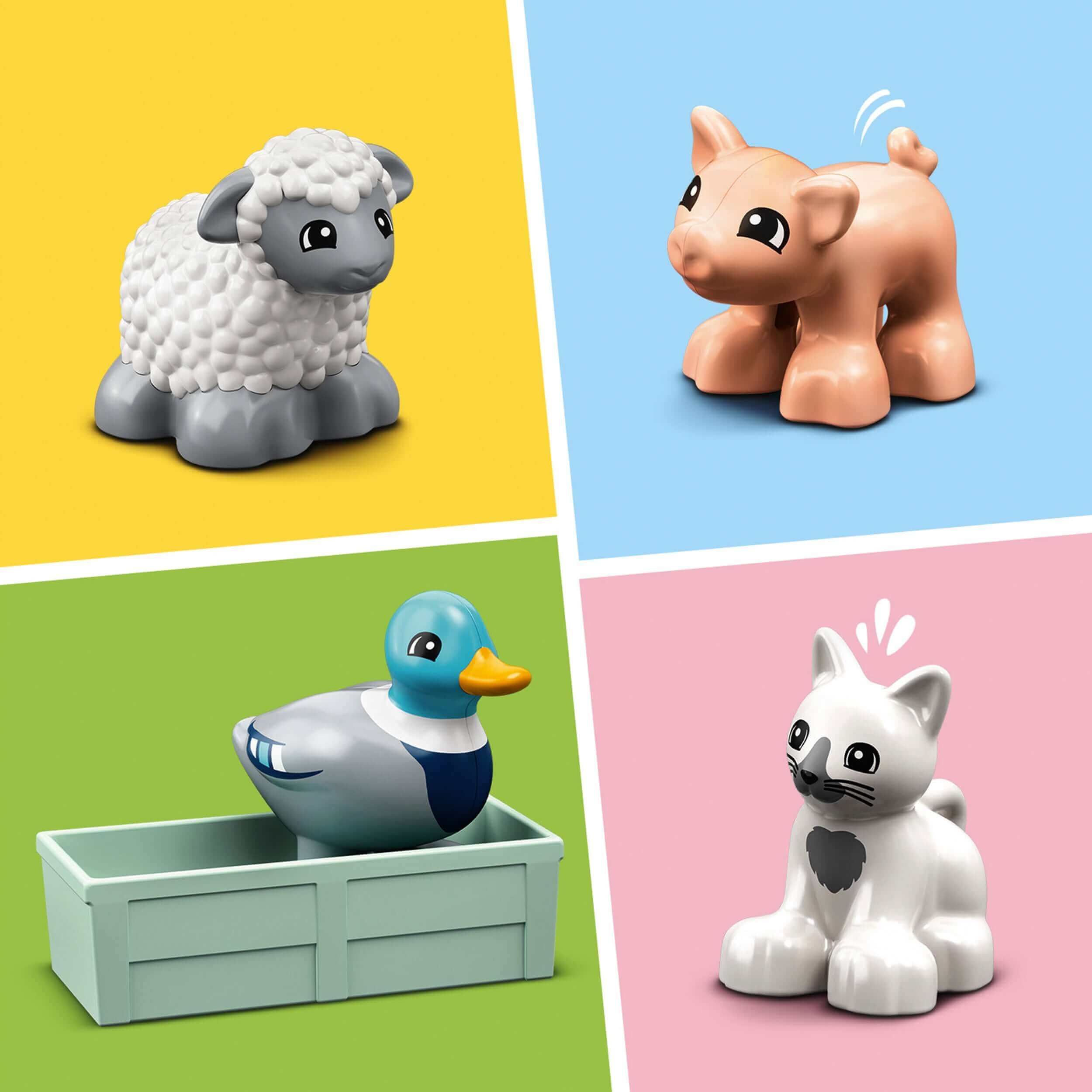 Colorful LEGO DUPLO farm animal toys including a pig, sheep, duck, and cat for imaginative play.