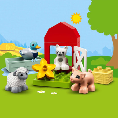 LEGO DUPLO Town Farm Animal Care set with pig, sheep, duck, and cat for imaginative play.