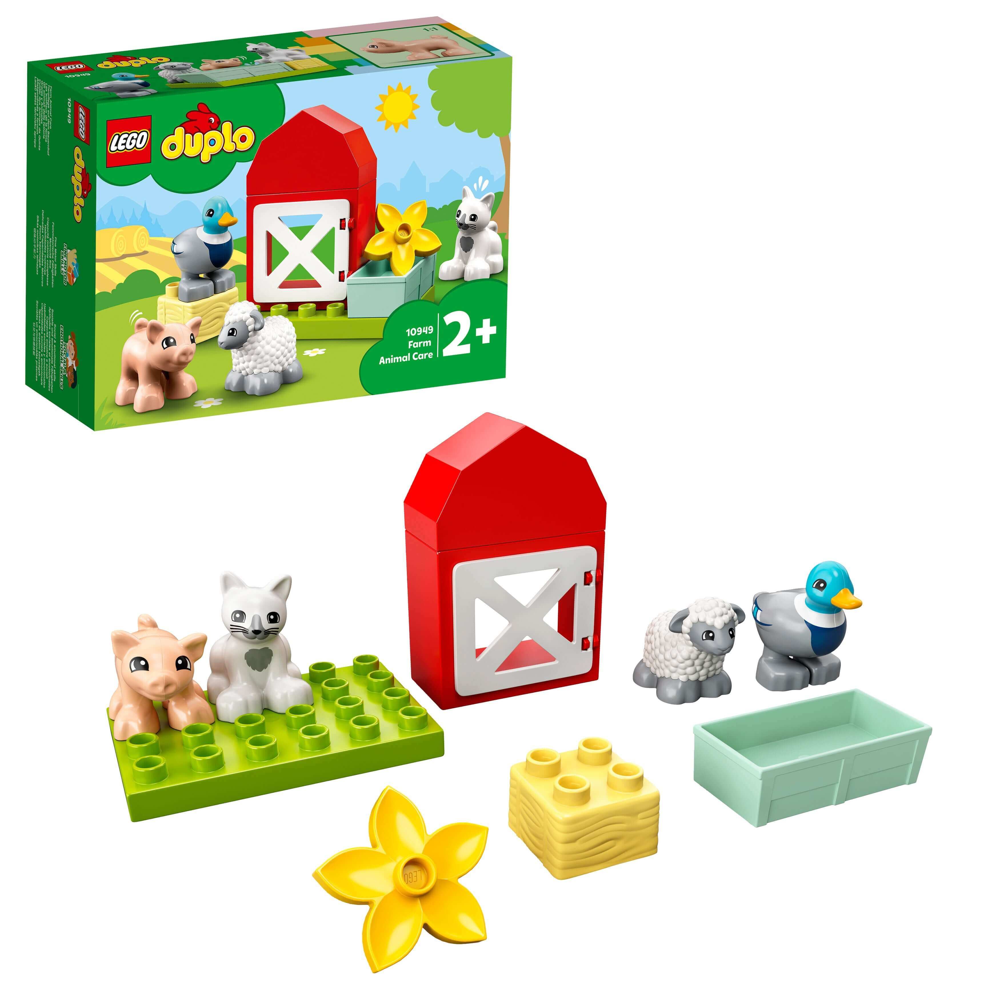 LEGO DUPLO Town Farm Animal Care set 10949 with pig, sheep, duck, cat, barn, and accessories for imaginative play.