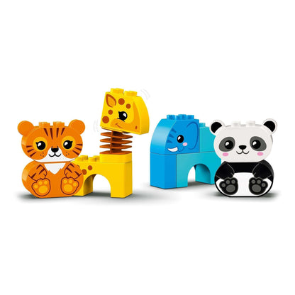 Colorful LEGO DUPLO animal figures including a tiger, giraffe, elephant, and panda for children's play and learning.