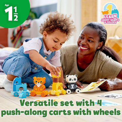 Toddler playing with colorful animal push-along carts, promoting learning about shapes and colors with a parent.