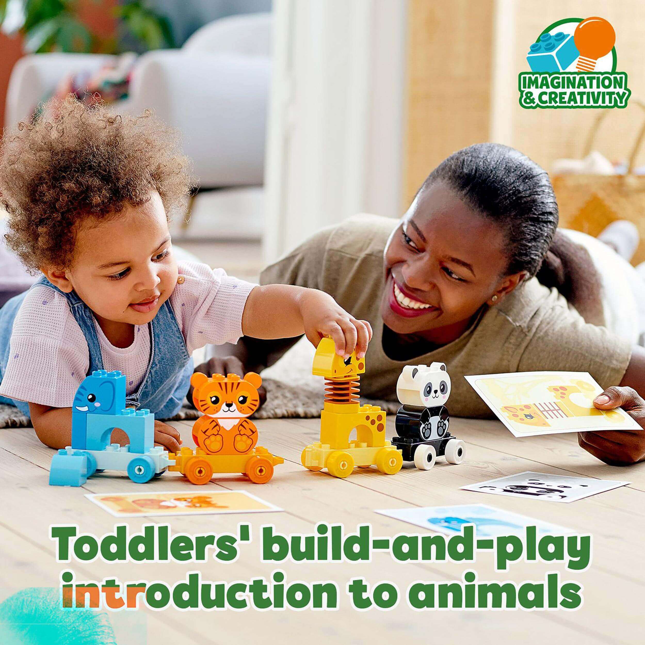 Toddler playing with LEGO DUPLO Animal Train toys, introducing animals through build-and-play activities.