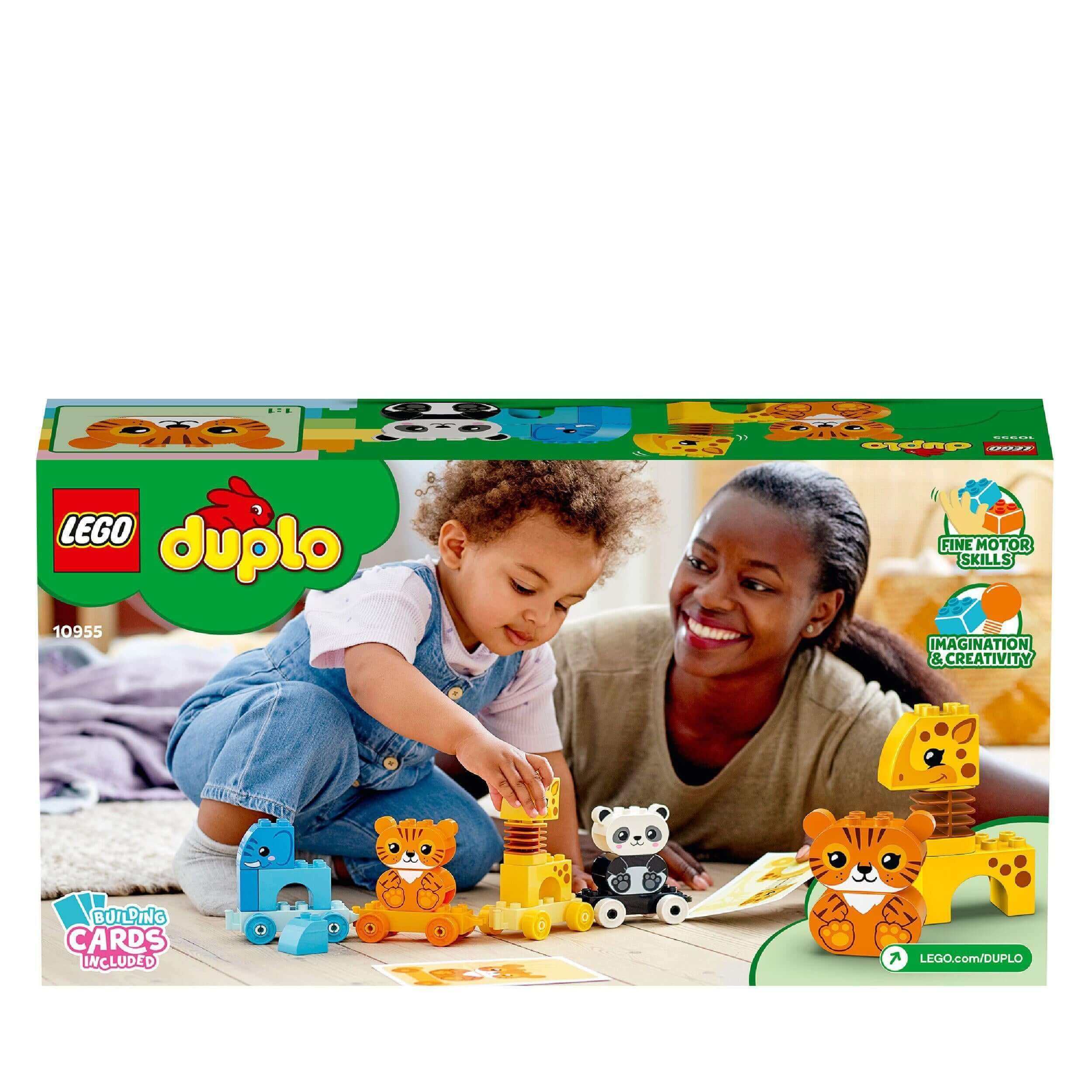 Child playing with LEGO® DUPLO My First Animal Train Toy 10955, bonding with mother, colorful animals and creativity.