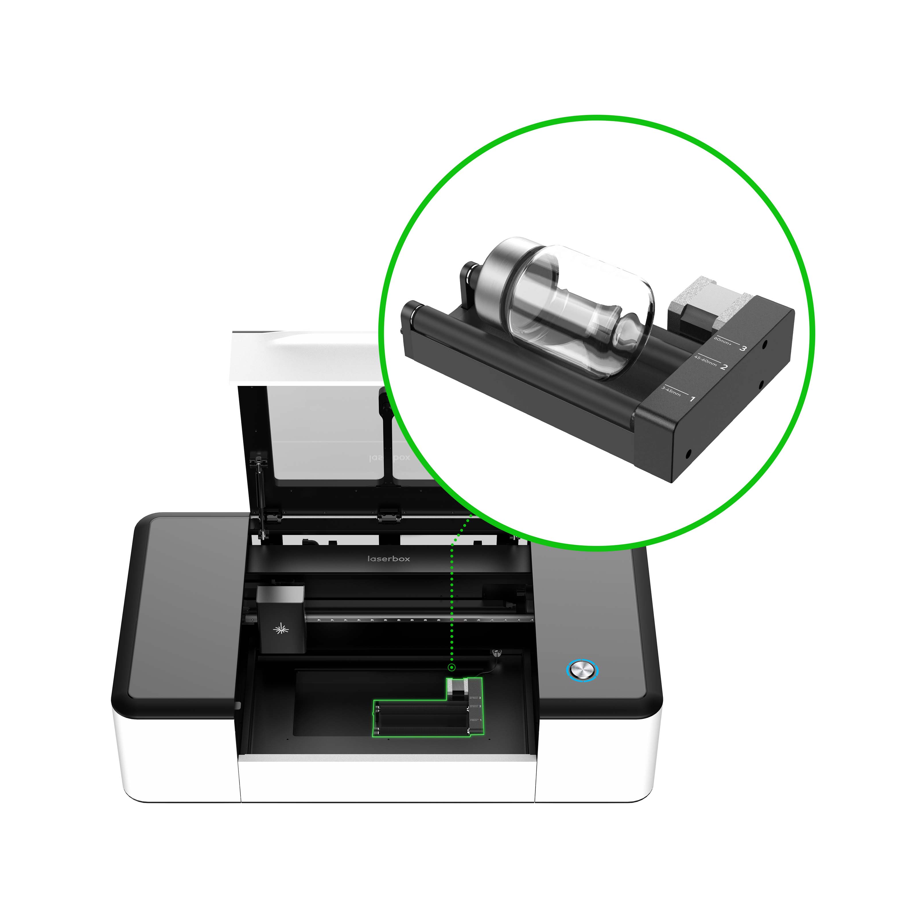 Makeblock Rotary Roller Engraving Module for Laserbox, ideal for cylindrical engraving from 3mm to 70mm diameters.