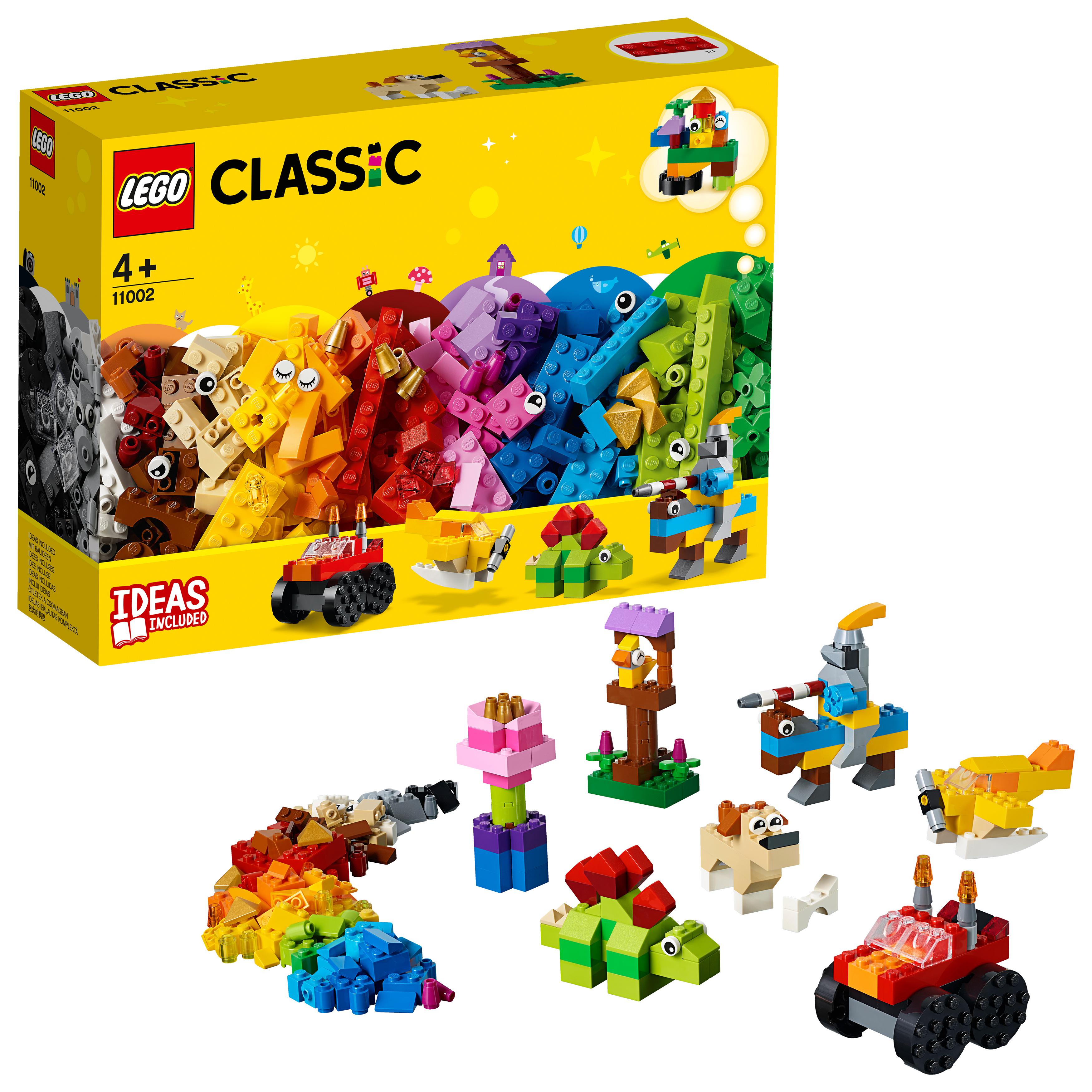 LEGO Classic Basic Brick Set 11002 featuring colorful bricks and various build ideas for creative play.