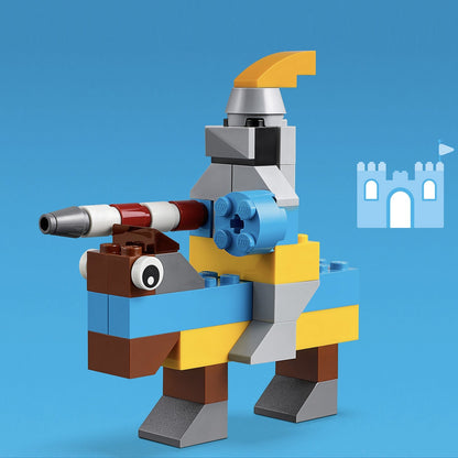 LEGO Classic Basic Brick Set Building Toy 11002, featuring a knight on a colorful horse with a castle background.