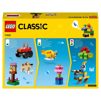 LEGO Classic Basic Brick Set 11002 box showing various creative building ideas and colorful designs for kids.