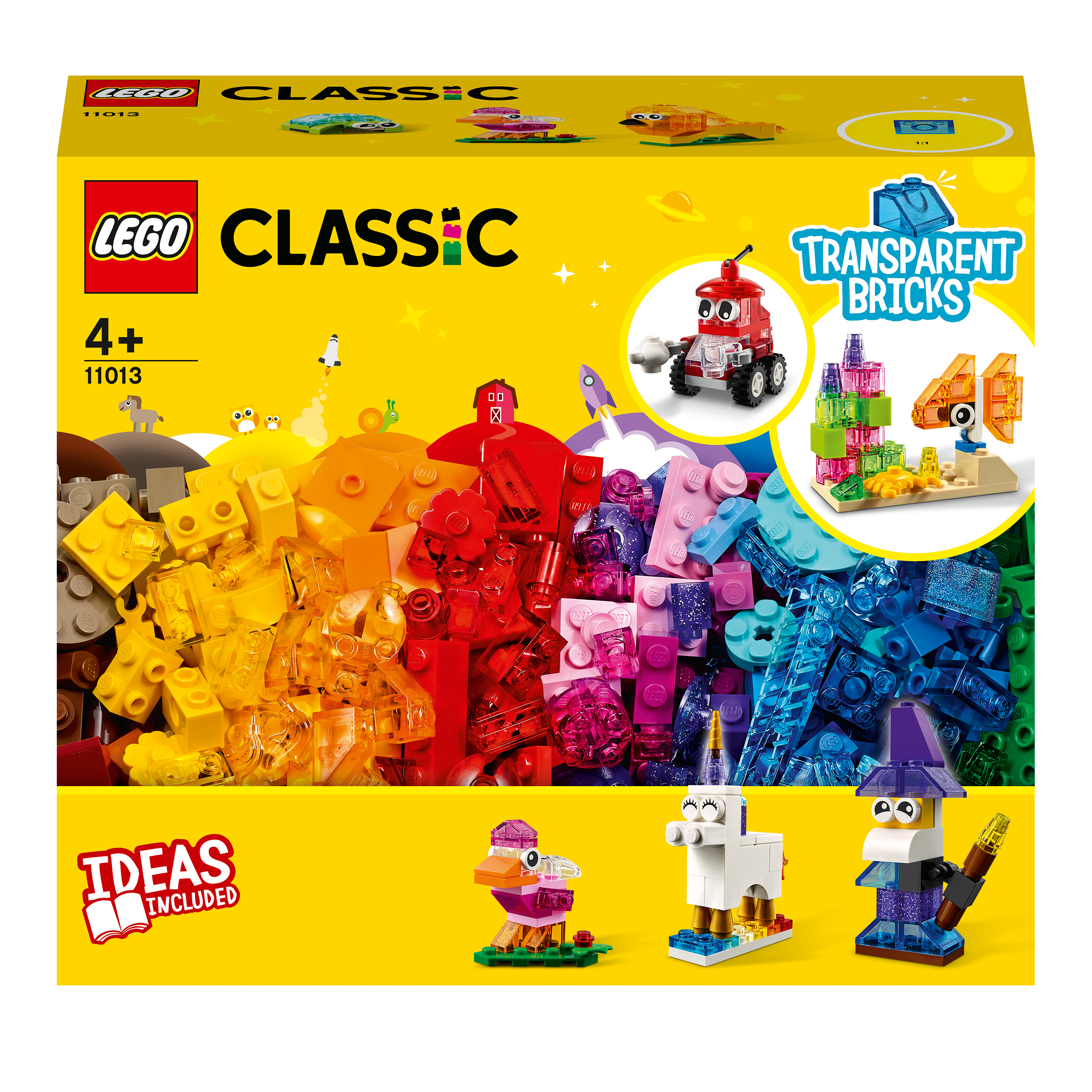 LEGO® Classic Creative Transparent Bricks Set 11013 with colorful bricks for kids, includes fun model ideas and extra pieces.