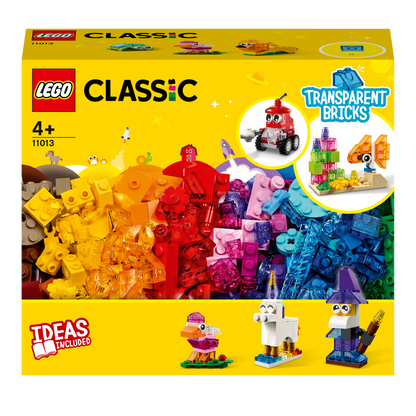 LEGO® Classic Creative Transparent Bricks Set 11013 with colorful bricks for kids, includes fun model ideas and extra pieces.