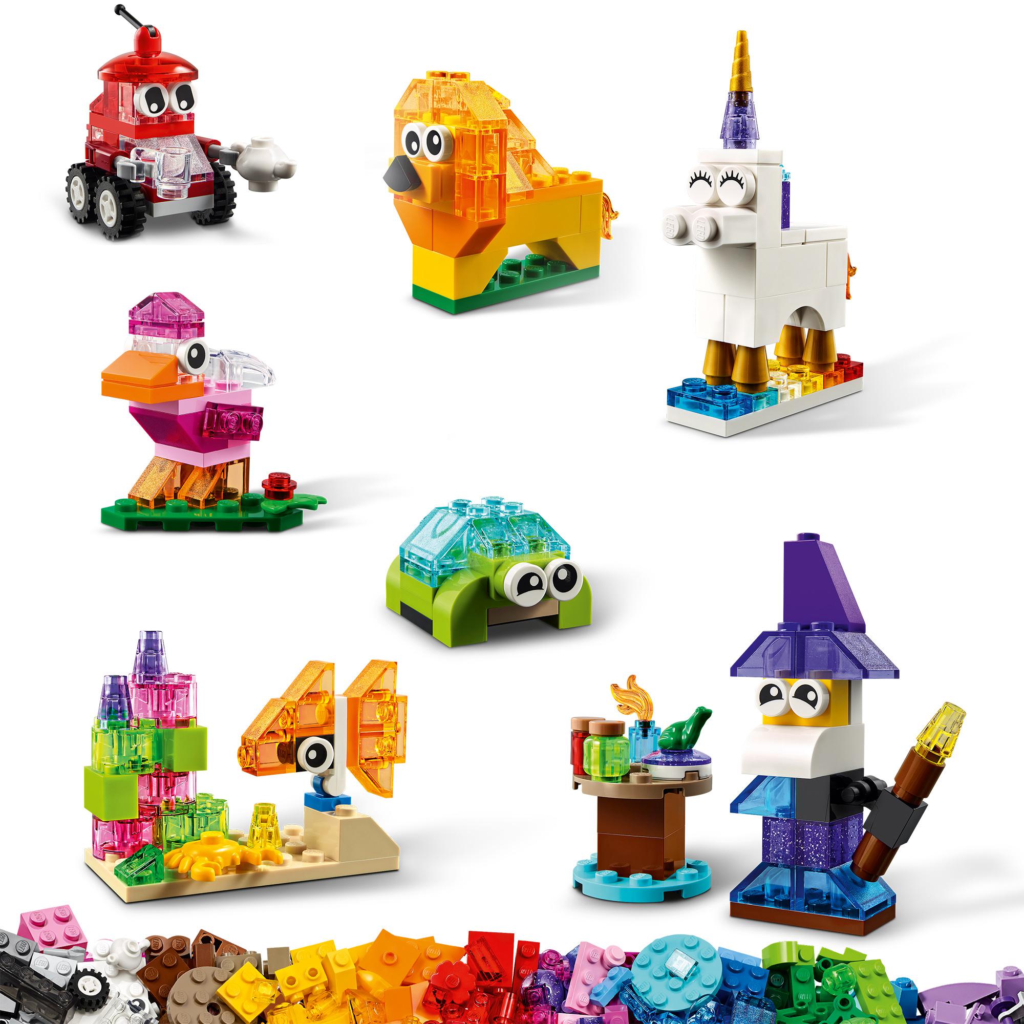 LEGO® Classic Creative Transparent Bricks Set 11013 with colorful models including animals and a wizard.