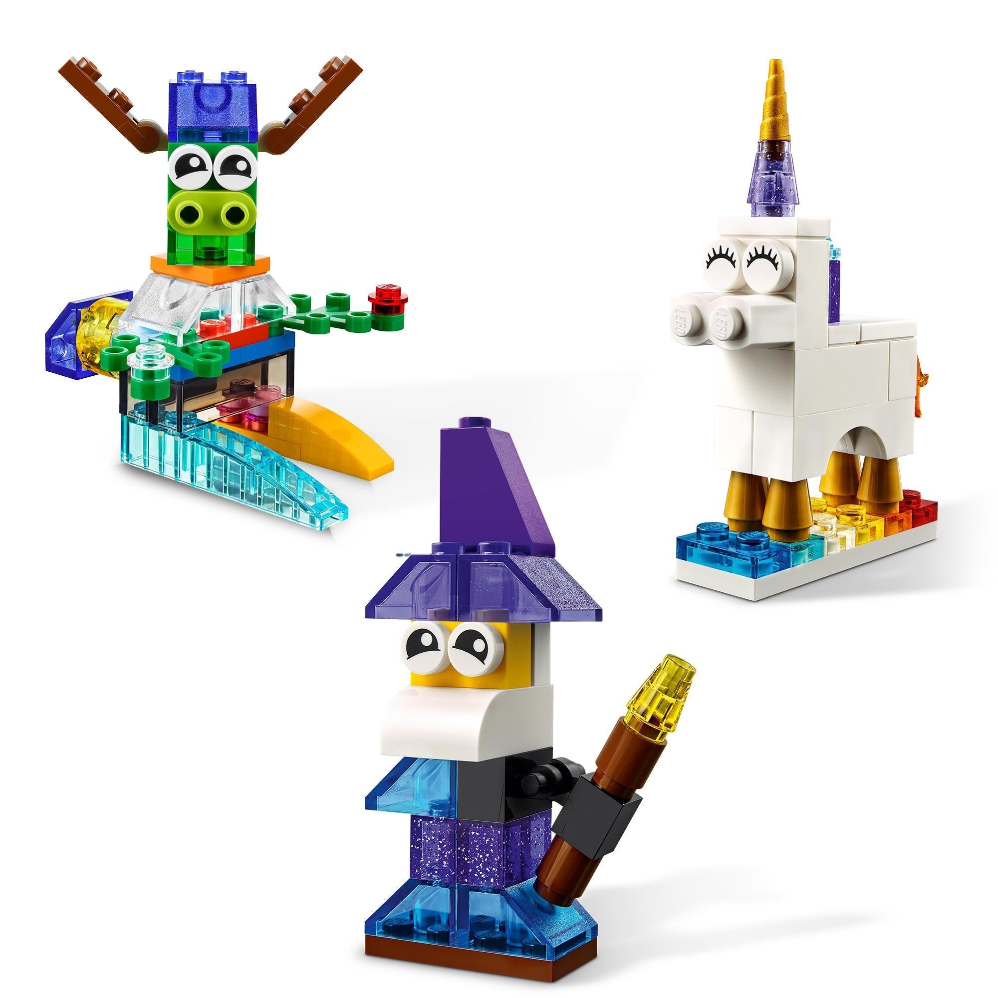 Colorful LEGO® Classic creations featuring a wizard, unicorn, and frog characters made with transparent bricks.