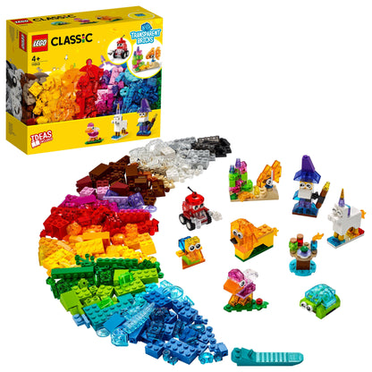 LEGO® Classic Creative Transparent Bricks Set 11013 with colorful transparent bricks and model creations for kids.