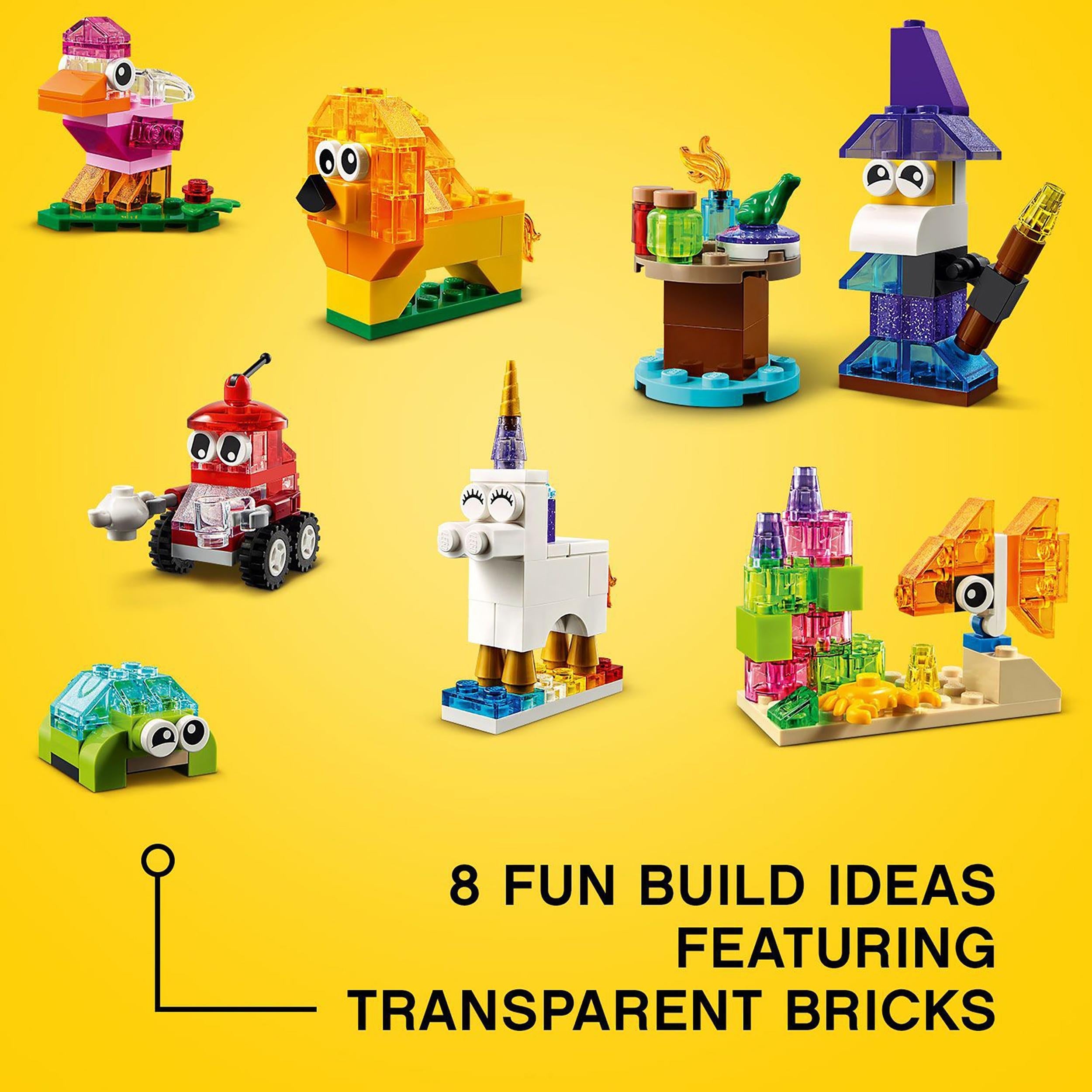 LEGO® Classic Creative Transparent Bricks Set 11013 showcasing 8 fun build ideas with colorful transparent bricks.