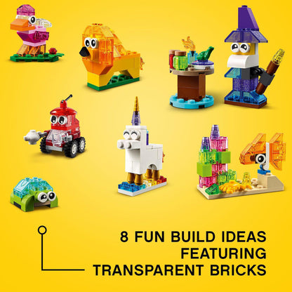 LEGO® Classic Creative Transparent Bricks Set 11013 showcasing 8 fun build ideas with colorful transparent bricks.