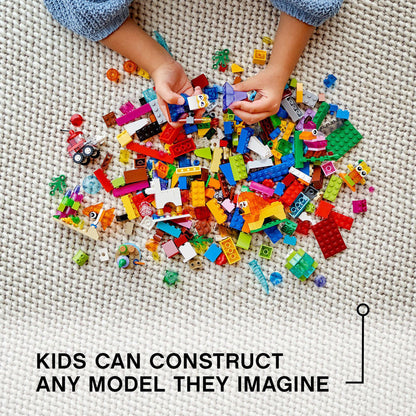 Colorful LEGO® bricks scattered on a surface, showcasing endless building possibilities for kids' imaginative creations.