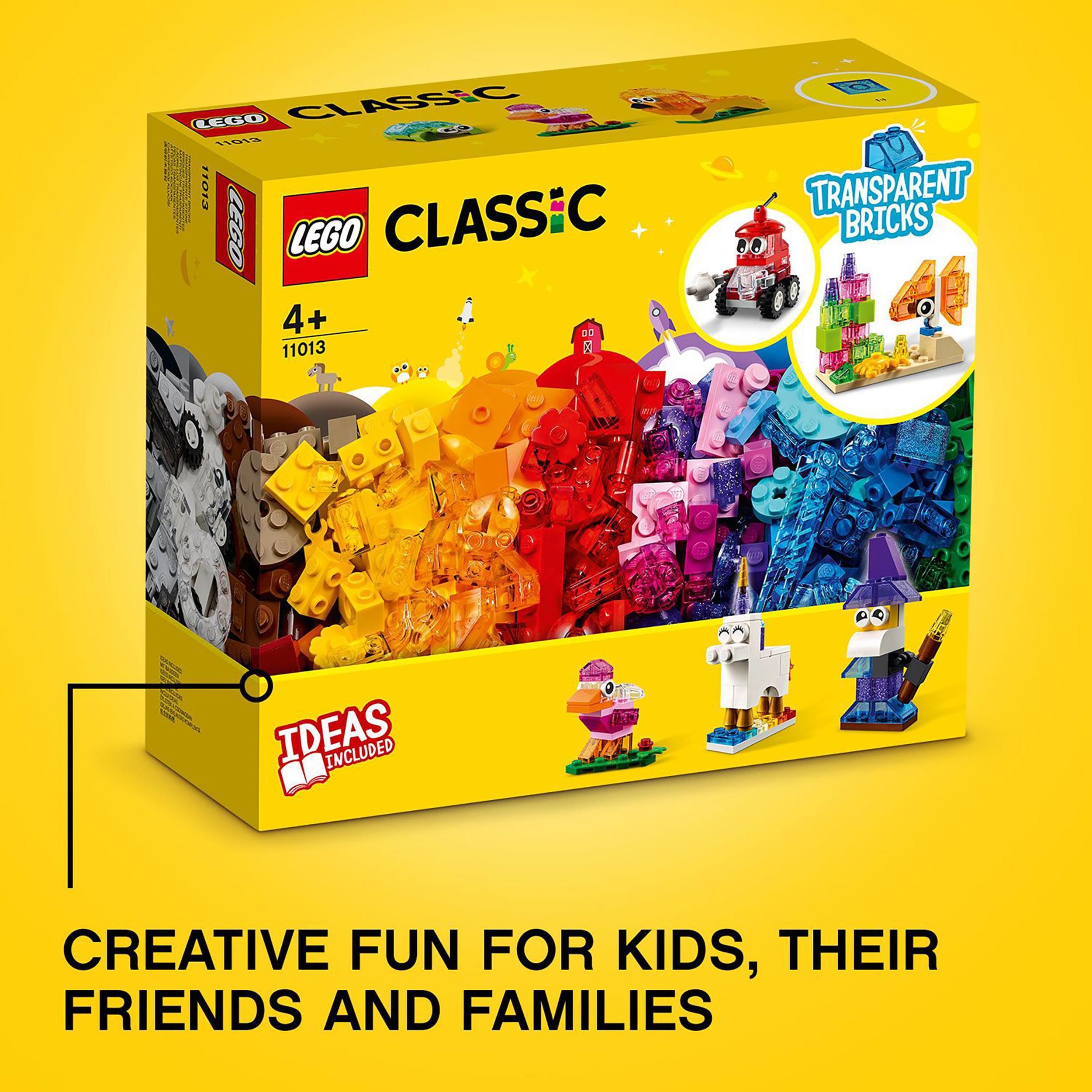 LEGO® Classic Creative Transparent Bricks Set 11013 box showcasing colorful bricks for kids' creative play.